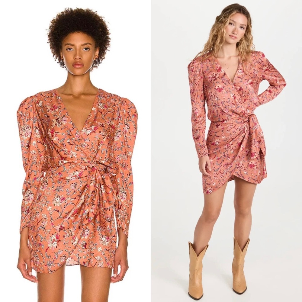 ISABEL MARANT‎ Art Nouveau Floral Silk Puff Long Sleeve Wedding Guest Wrap Dress
